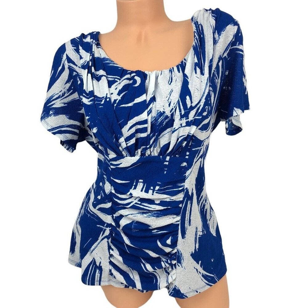 Alfani Abstract Printed Short Sleeve Ruched Front Blouse Top Babydoll Size 2X
